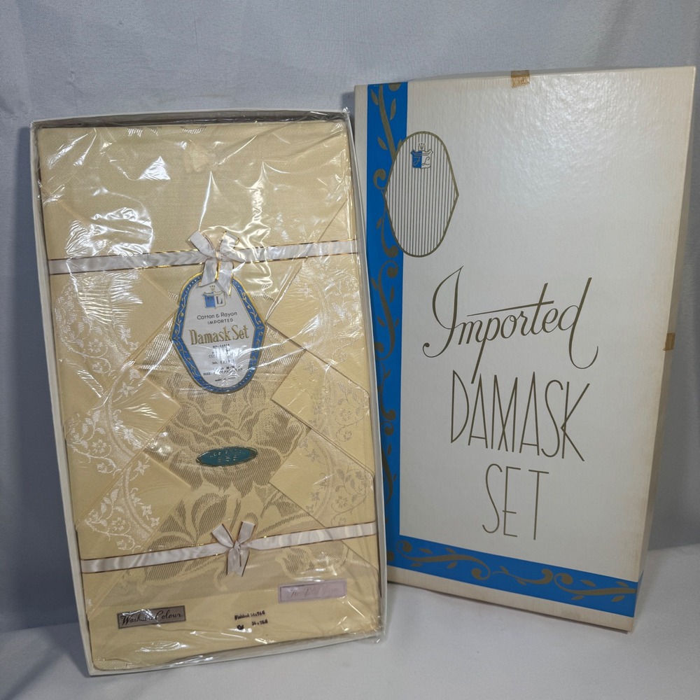 Vintage FL Gold Damask Tablecloth and 6 Napkin Set 54x74 Floral Made in Japan